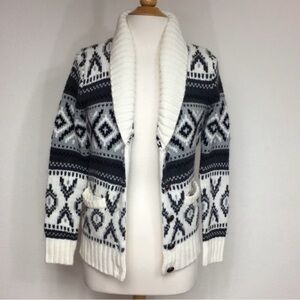 M4EO Cream Gray Fair Isle Cozy Thick Knit Cardigan Sweater Size Small Classic